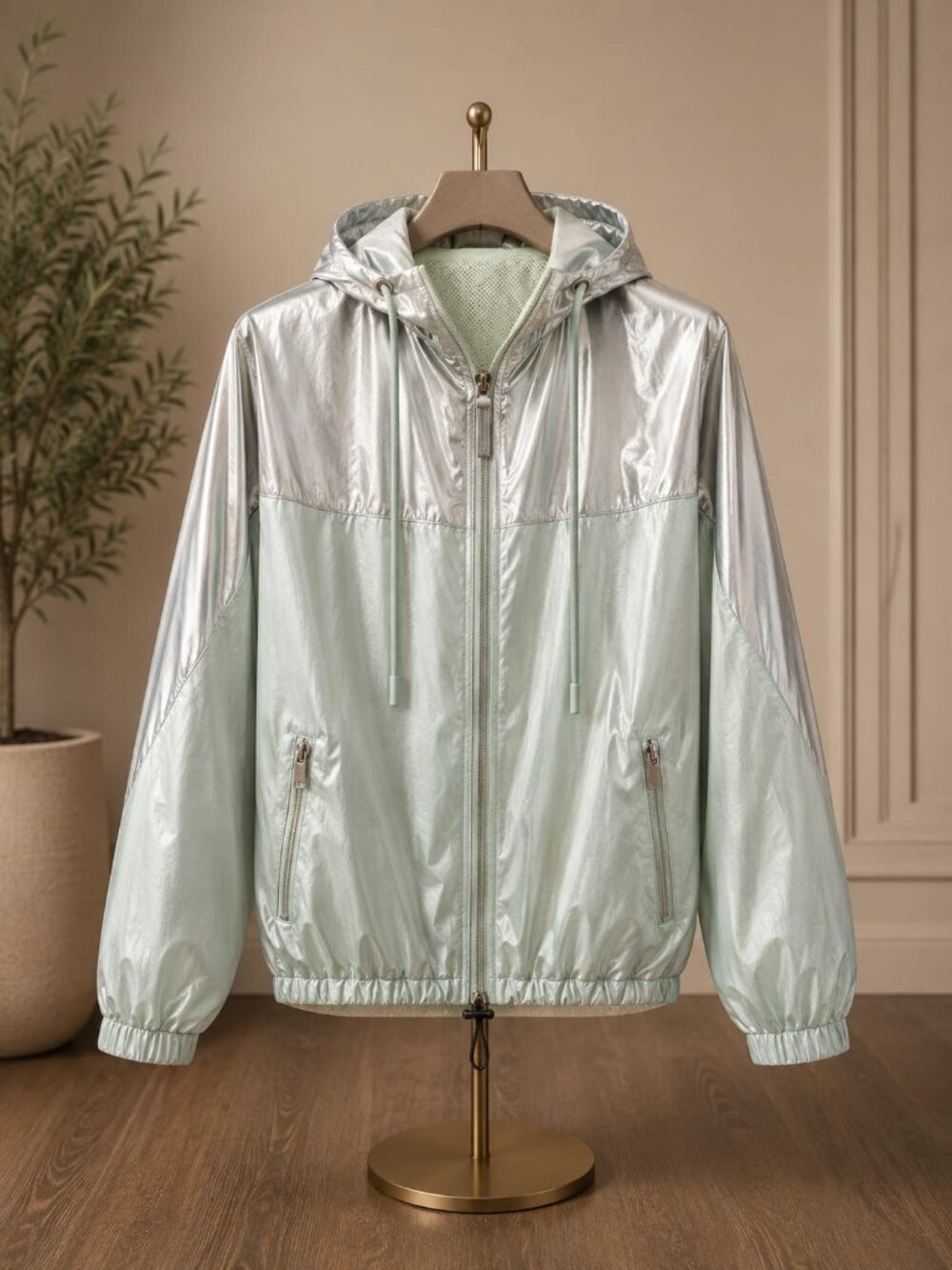 Moncler Iridescent Mint and Silver Hooded Windbreaker